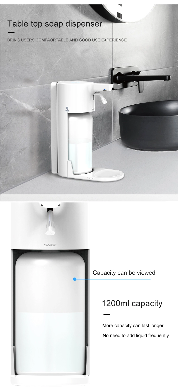 Saige Wall Mounted/Table 1200ml High Quality ABS Plastic Automatic Soap Dispenser